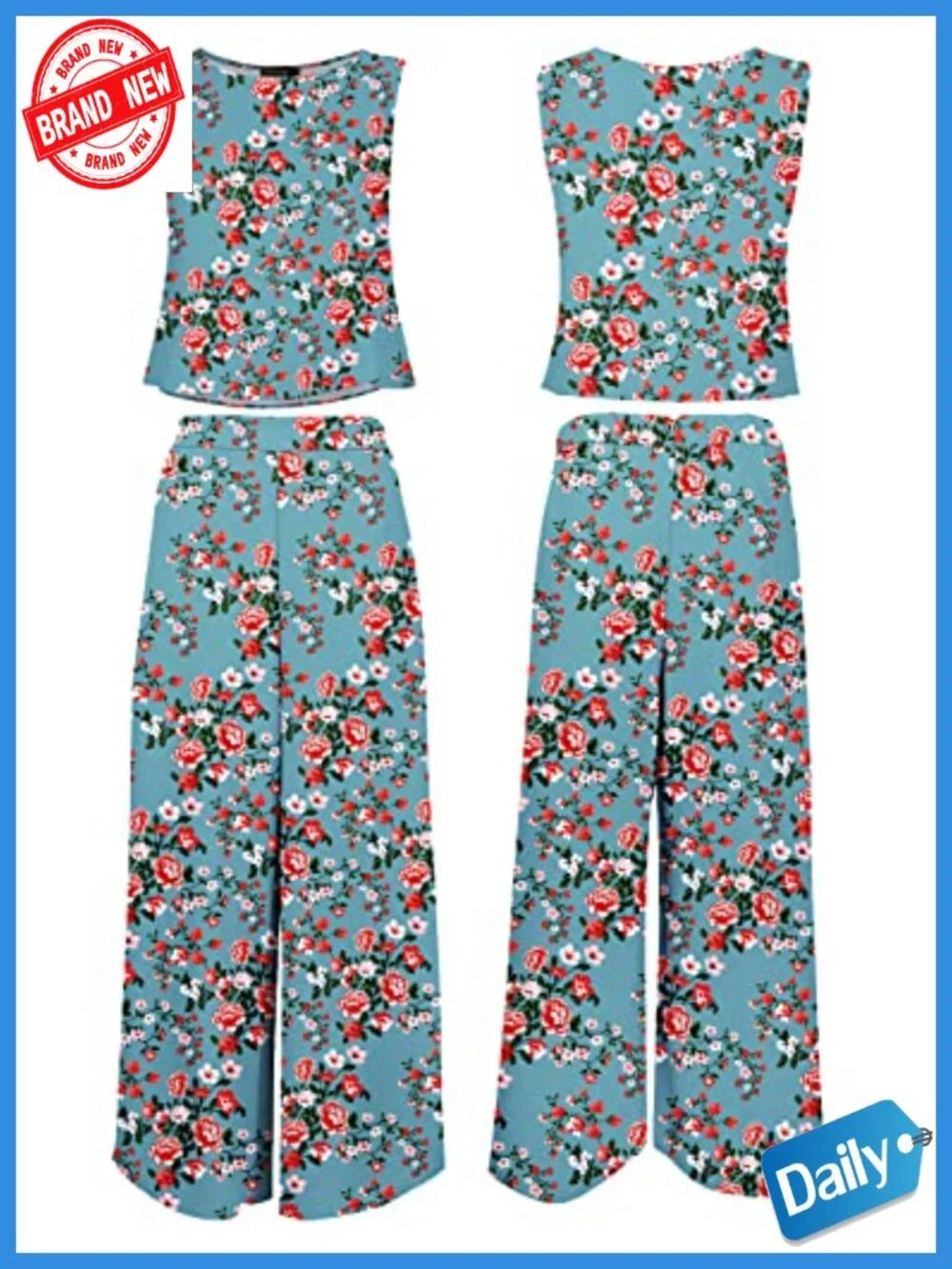 Women's 2 Piece Outfit Crop Top Wide Leg Pants Set